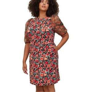 Torrid Cocktail Dress Mini Scuba w/ Pockets Crepe & Organza Puff Sleeve Floral